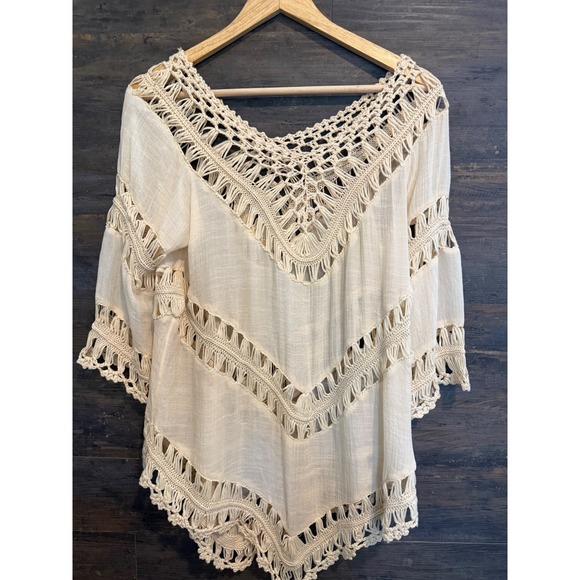 Tops - Cream Crochet Knit Boho Tunic Top Three Quarter Sleeve Macrame Trim Festival SML